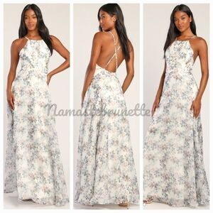 Nwt Lulu's Ivory Floral Print Backless Maxi Dress